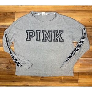 Victoria's Secret PINK Gray Logo Sweatshirt Tape Sleeve Crewneck Large 370887-23